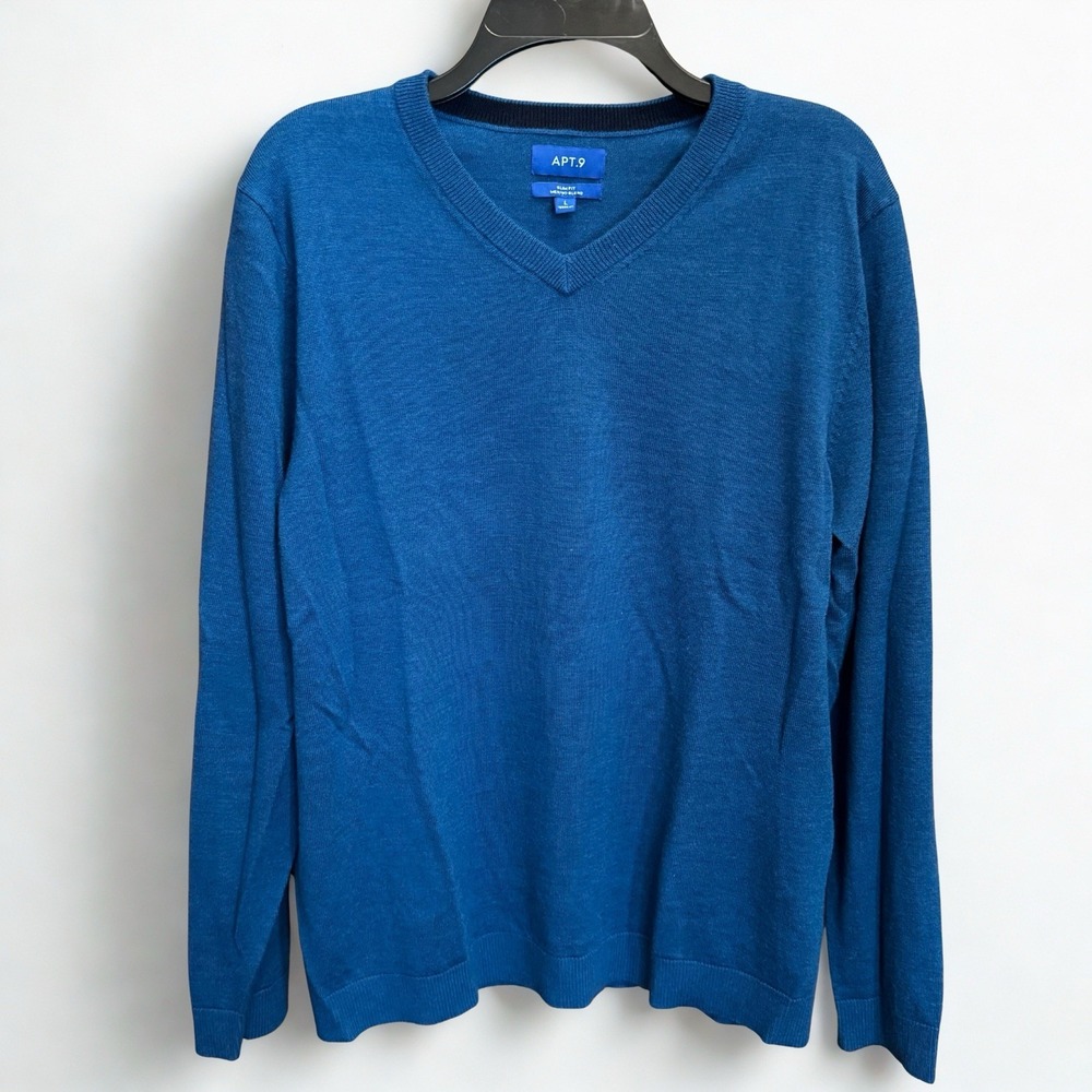 APT. 9 Merino Wool Blend Sweater‎ Men's L Slim Fit V-Neck Blue Lightweight Knit